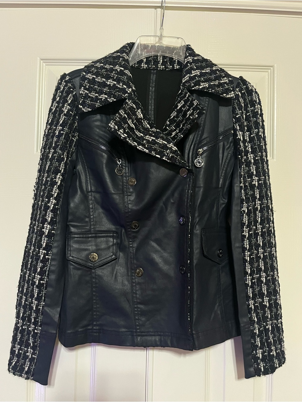 Womens Black Tweed Sleeve Faux Leather Jacket